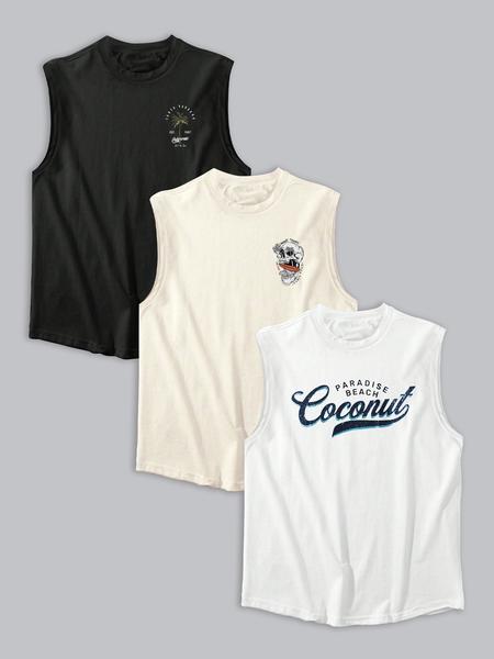 Men's Coconut Tree & Skull Print Tank Top, Loose Casual Soft Comfy Sleeveless Vest for Summer, Men's Top for Beach Vacation Men's Coconut Tree & Skull Print Tank Top, Loose Casual Soft Comfy Sleeveless Vest for Summer, Men's Top for Beach Vacation