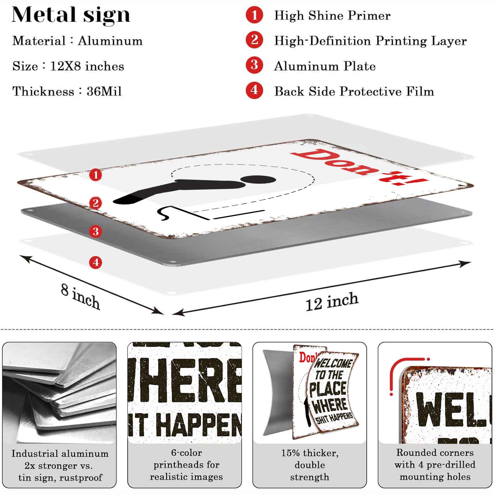 8x12 Inch Aluminum Metal Sign - "Don't!" Funny Men's Bathroom Aim Reminder Decor |   Ideal for Home, Man Cave, Bar, Gym, and Public Men's Restrooms |   Retro Rustic Tin Plaque, Easy to Mount, Practical & Hilarious Toilet Humor