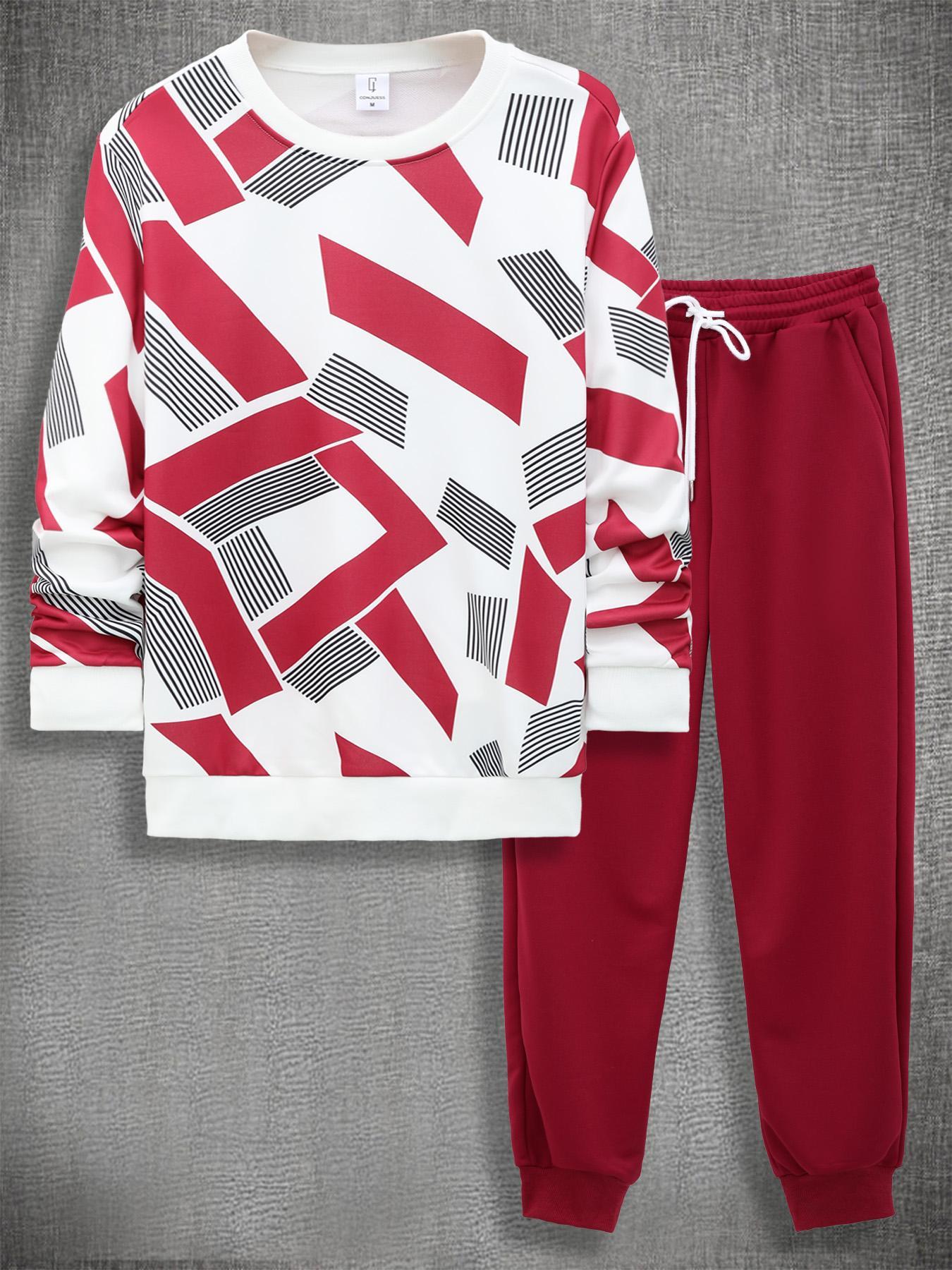 Men's Patchwork Letter-Print Sweatshirt & Drawstring Waist Sweatpants Set, Casual Round Neck Long Sleeve Pullover & Jogger Pants with Pockets, Matching Two-piece Outfits, Sweatsuit Matching Set for Fall & Winter