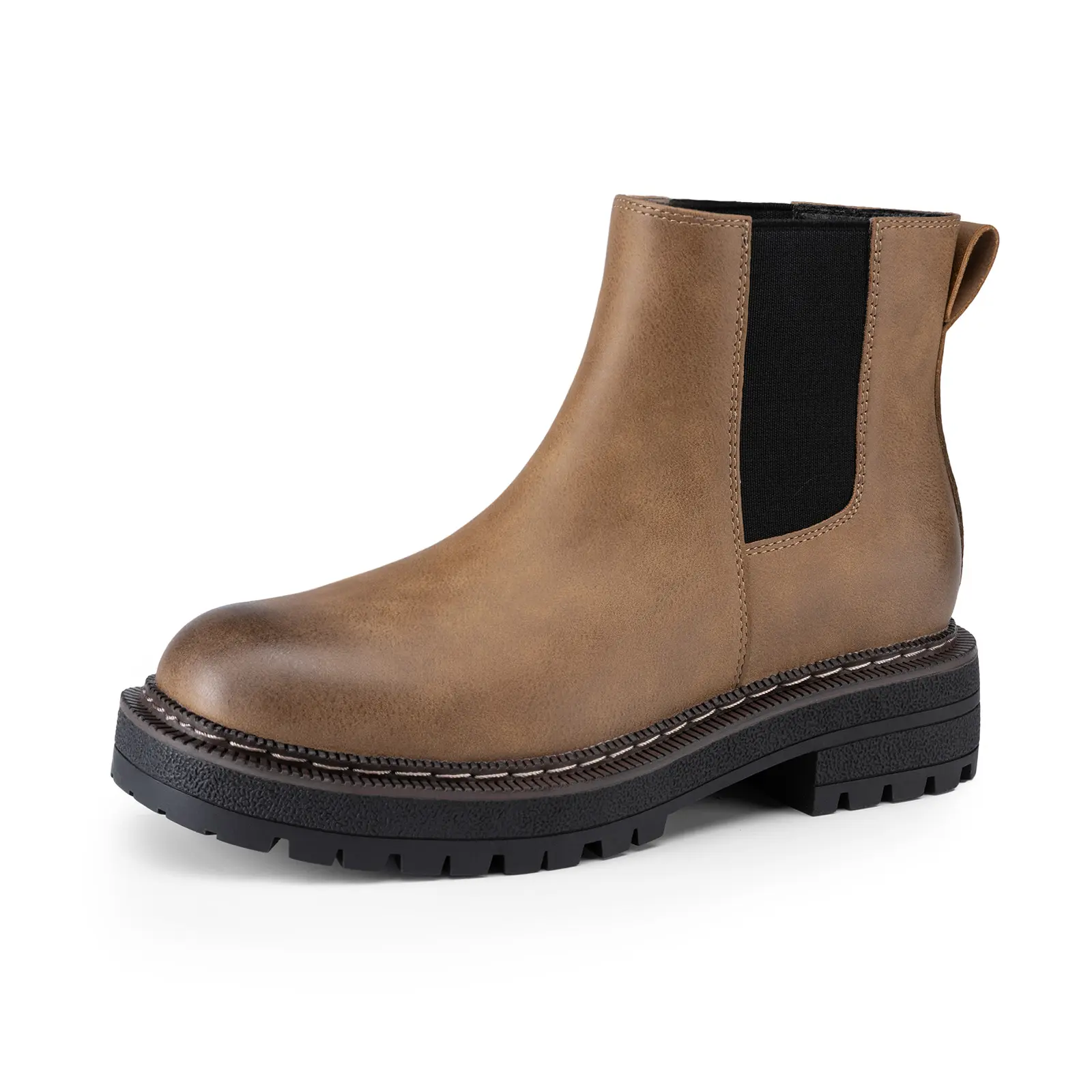 Athlefit Women's Retro Casual Chelsea Platform Ankle Boots, Leather & Rubber Slip-On with Non-Slip Chunky Lug Sole for Daily Wear, Round Toe