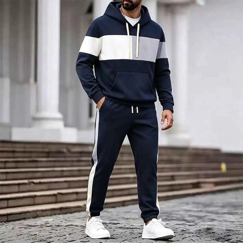 Men's color blocked striped two-piece sports suit, drawstring kangaroo pocket hooded sweatshirt+side striped elastic waist cuff jogging pants, soft and breathable daily street sports suit, gym running leisure suit, fashionable and comfortable leisure suit