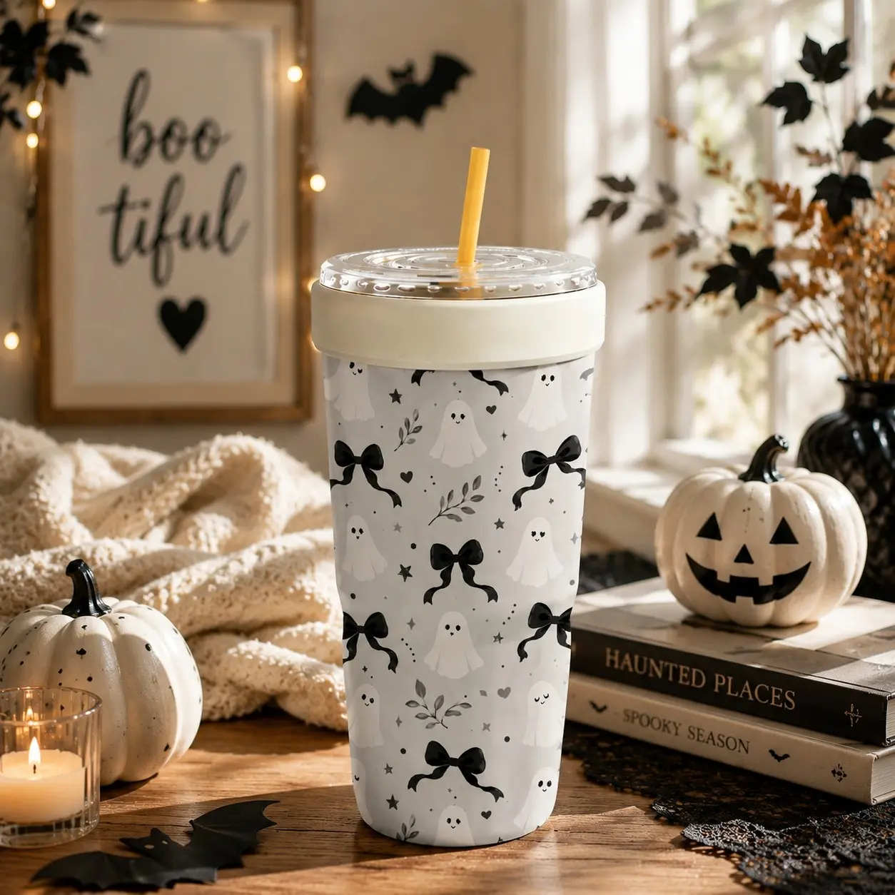 1PC 32oz Cute Ghost & Bow Print 2-in-1 Insulated Tumbler & Iced Coffee Cup Sleeve, Leak-Proof Double Wall Stainless Steel Travel Mug, Cold 12+H & Hot 6+H, Fits 16–32oz To-Go Cups, Halloween Gift for Friends & Family
