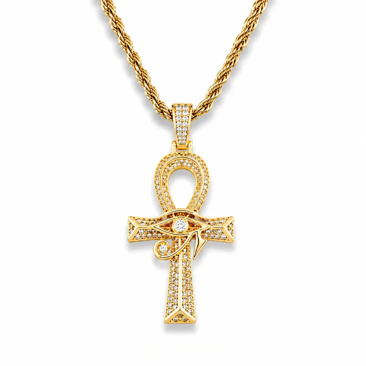 Iced Out Eye of Horus Ankh Pendant Ancient Egyptian Necklace Chain 14K Gold White Gold Plated Protection Jewelry for Men Women with Stainless Rope Chain