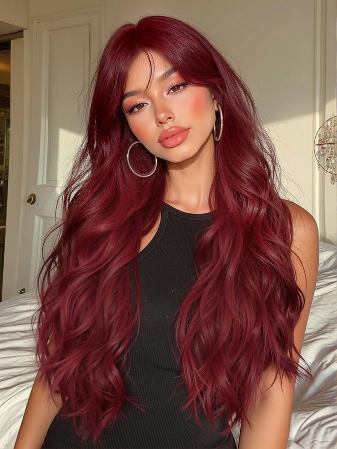 28inch Long Curly Wine Burgundy Red Synthetic Wigs with Long Bangs for Women Red Wave Halloween Cosplay Party Christmas Natural Hair Heat Reisitant