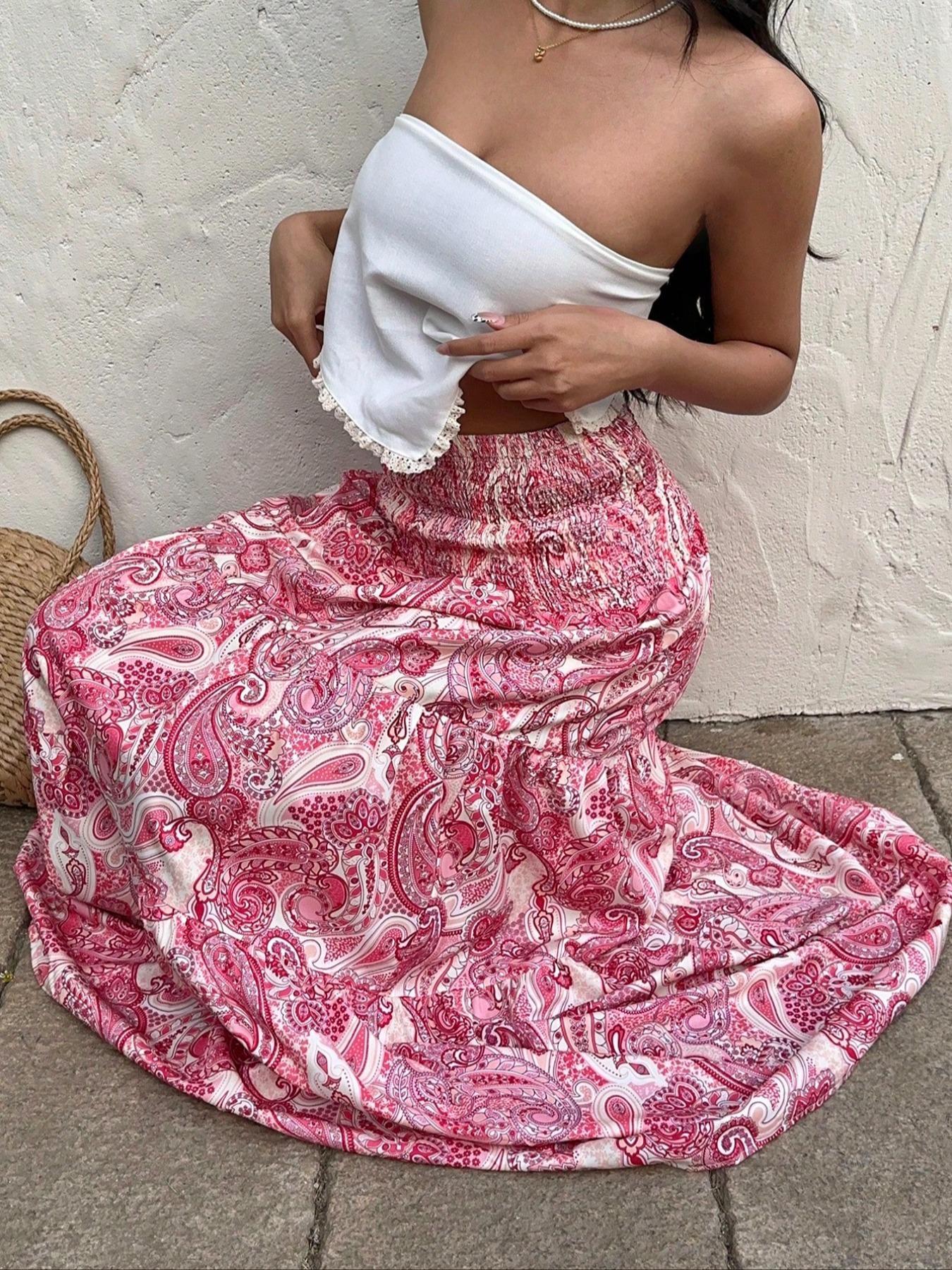 Women's Paisley Print Boho Maxi Dress, Fitted Waist Long Skirt, Comfortable All-Season Woven Fabric, Perfect for Vacation & Casual Wear, Casual Comfy Skirt