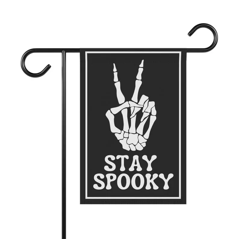 Stay Spooky Skeleton Garden Flag, Fall Garden Flag, Halloween Garden Flag, Funny Skeleton Peace Sign Home Banner, Halloween Lawn Flag, Yard