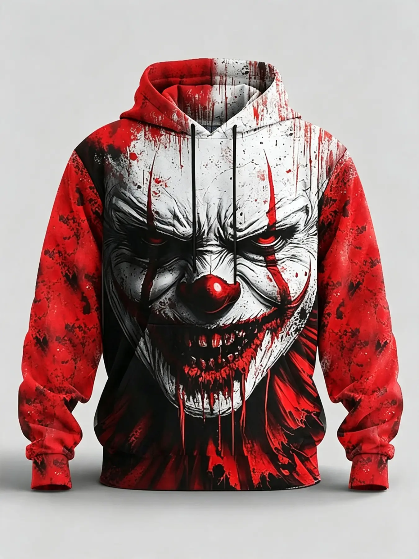 Horror Clown Full-face Print Hoodie, Edgy Dark Streetwear Long-sleeve Top