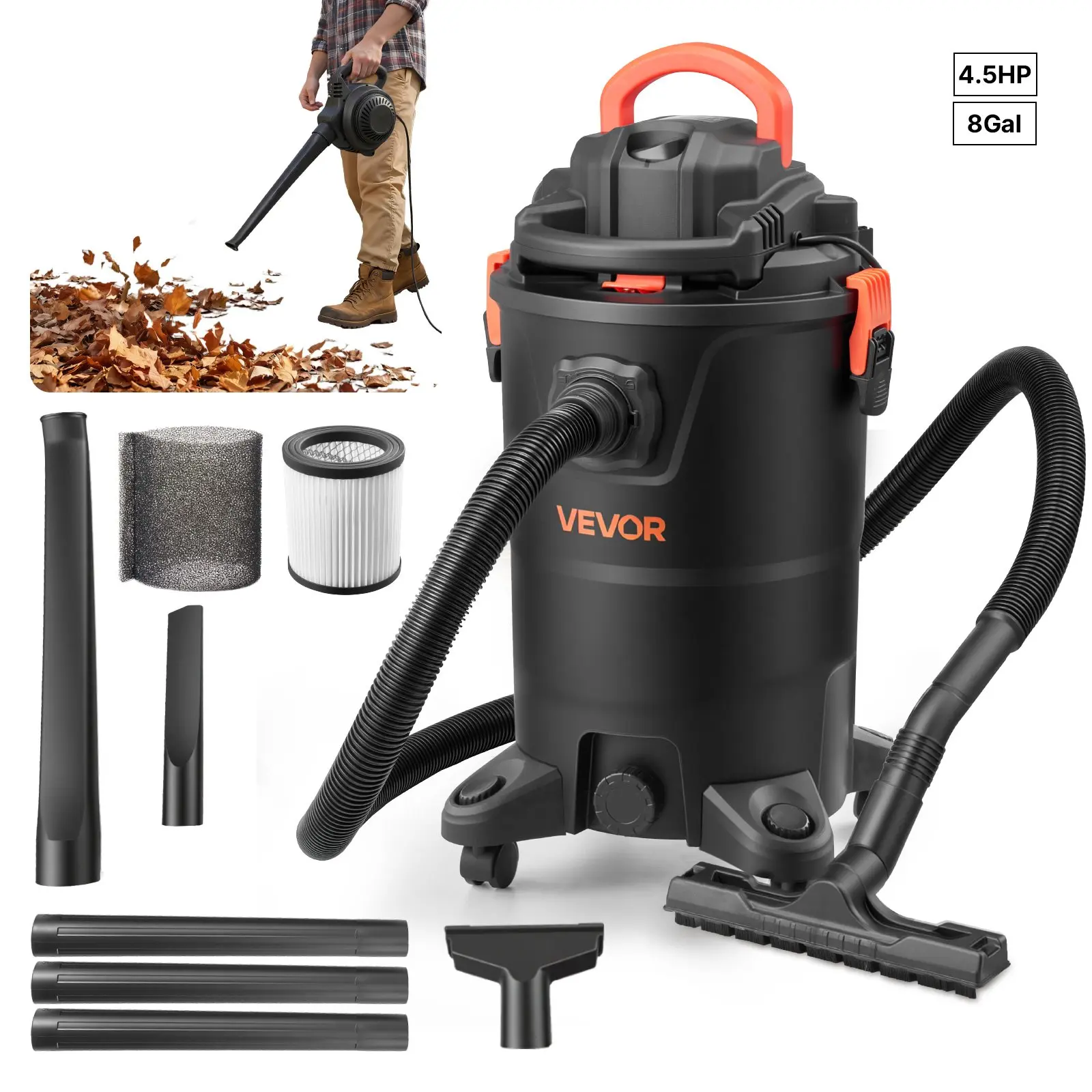 VEVOR 3-in-1 Shop Vac, 8 Gallon Wet Dry Shop Vacuum, 4.5 Peak HP Portable Vacuum Cleaner with Blower, Dual-Filter, 1350W Input Power, 1.25inx 7ft Hose, 9.8ft Cord for Jobsite, Workshop, Garage, Home