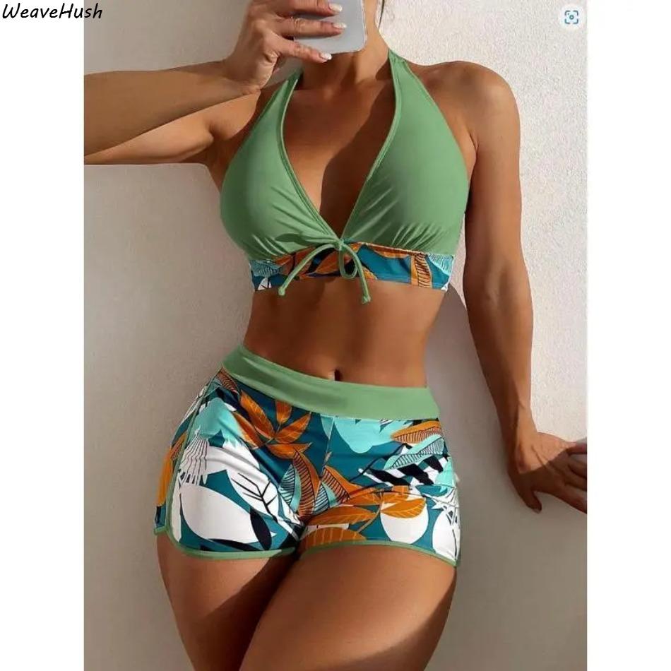 Women’s Tropical Print Tie Front Tankini Set – Two-Piece Halter Swim Top & Shorts for Summer Beach & Vacation Drawstring Bathing Suits