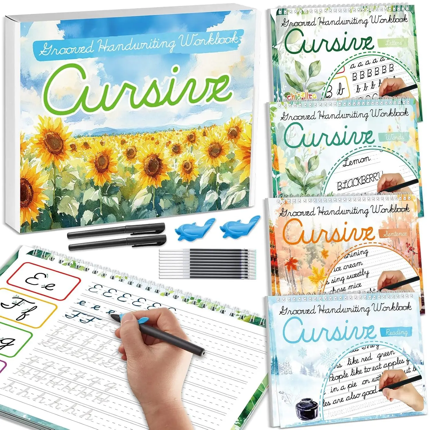 4 Pack Grooved Cursive Handwriting Practice Kit with Disappearing Ink Pens Magic  Grooved Cursive Writing Workbooks Copybook for Beginners  (Words&Sentence&Reading&Letters)