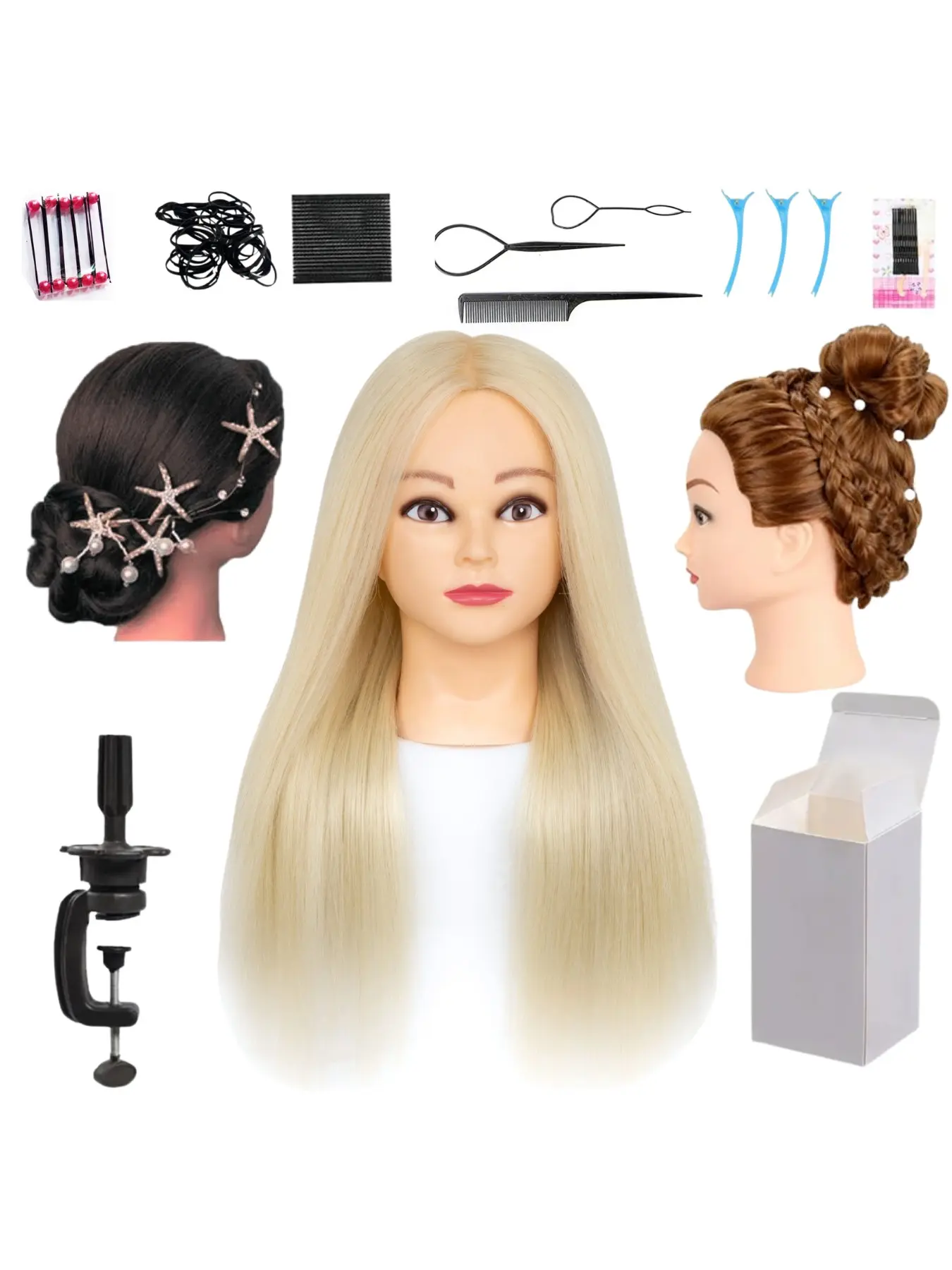 26‑28 Inch Synthetic Hair Mannequin Head Light Skin Female Training Manikin Head With Table Clamp Stand And Complete Hair Braiding Tool Kit For Cosmetology Students Practicing Braids Updos And Hairstyling