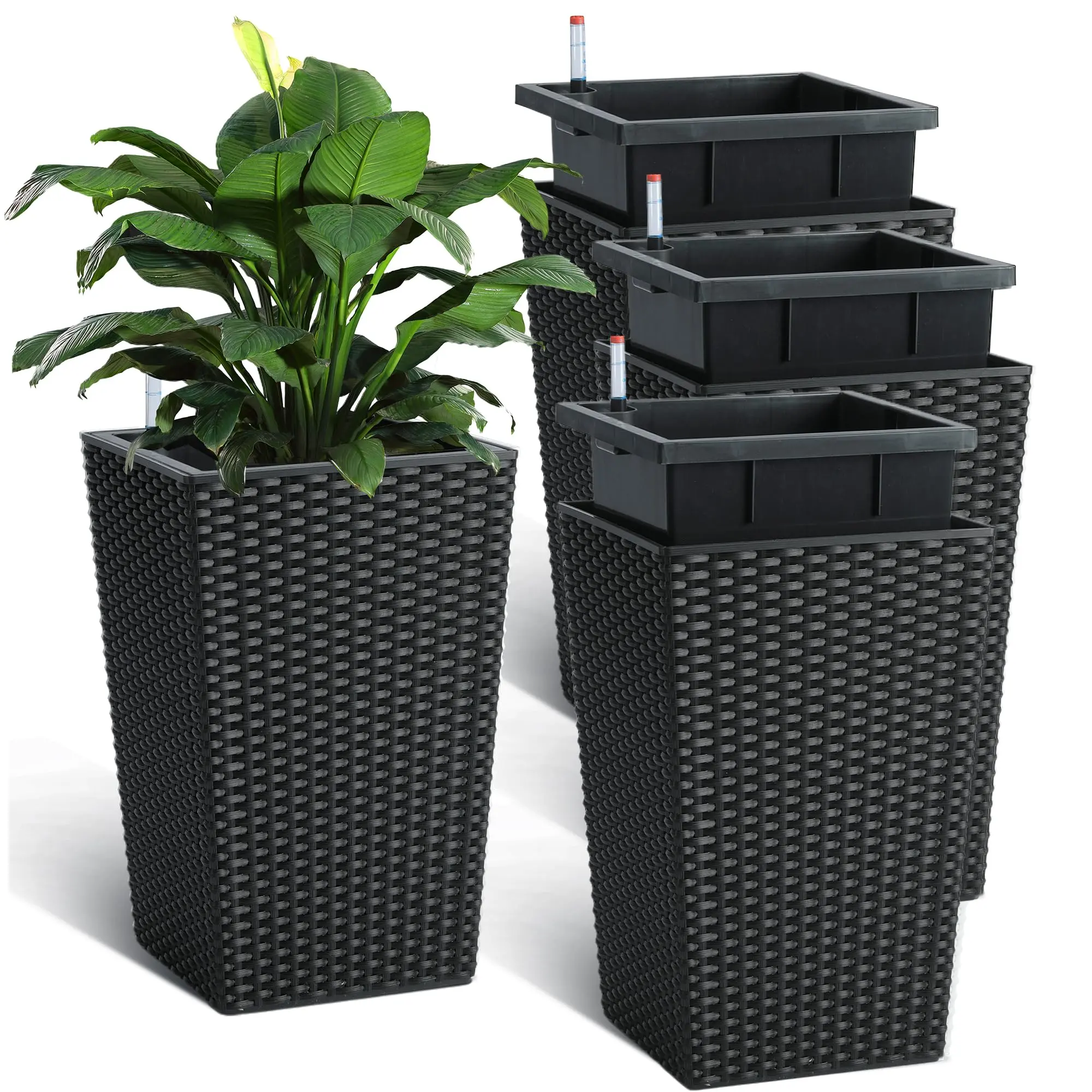 Self-Watering Rattan Planter Boxes (4-Pack, 16" Height) - Indoor/Outdoor Garden Planters with Water Level Indicator, Drainage Holes, Ideal for Patio & Living Room Decor, Planter Boxes Outdoor, Self Watering Pots For Indoor Plants