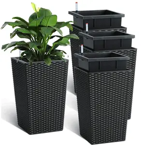 16 Inch Tall Planters Set of 4, Self Watering Planters for Outdoor Indoor Plants with Drainage & Water Level Indicator, Tall Flower Pots for Front Porch, Patio, Balcony & Entryway