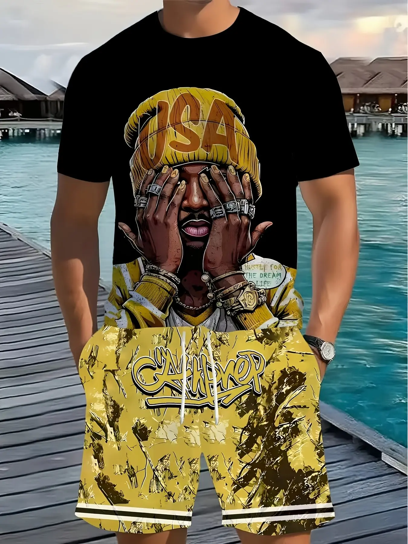 Men's American Streetwear Hip-Hop Portrait Print Two-Piece Set, Base, Digital Print, Casual Beach Sports
