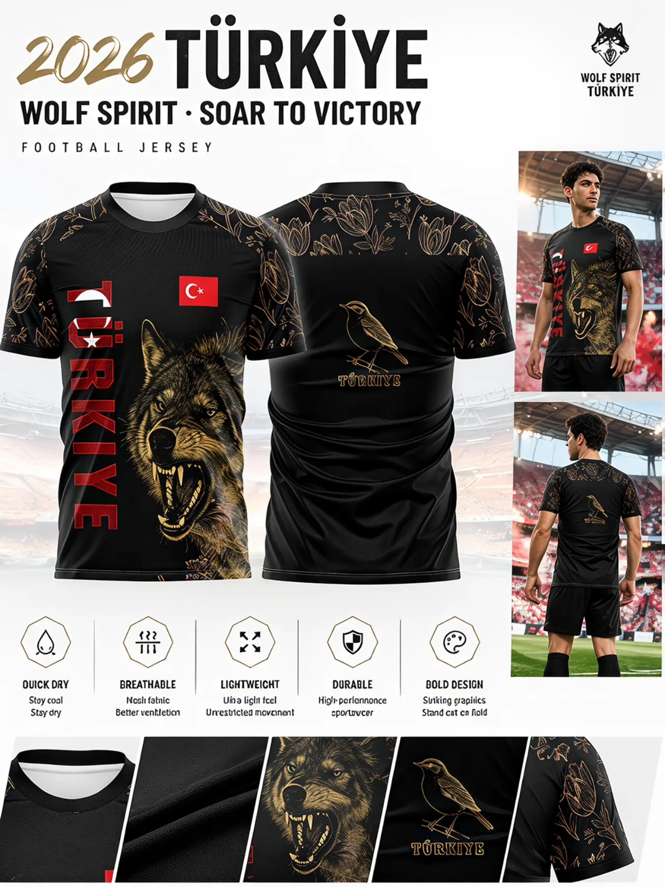 2026 Turkish Gold Wolf Soccer Jersey, Tulip Flower Sleeve, Quick-Dry Lightweight Breathable Durable Sporty Short Sleeve Fanwear