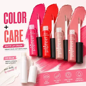 Popfeel 5-Piece Lip Makeup Set, 4 Velvet Matte Lipsticks & 1 Moisturizing Balm, Long-Lasting Waterproof, Non-Sticky, Non-Drying