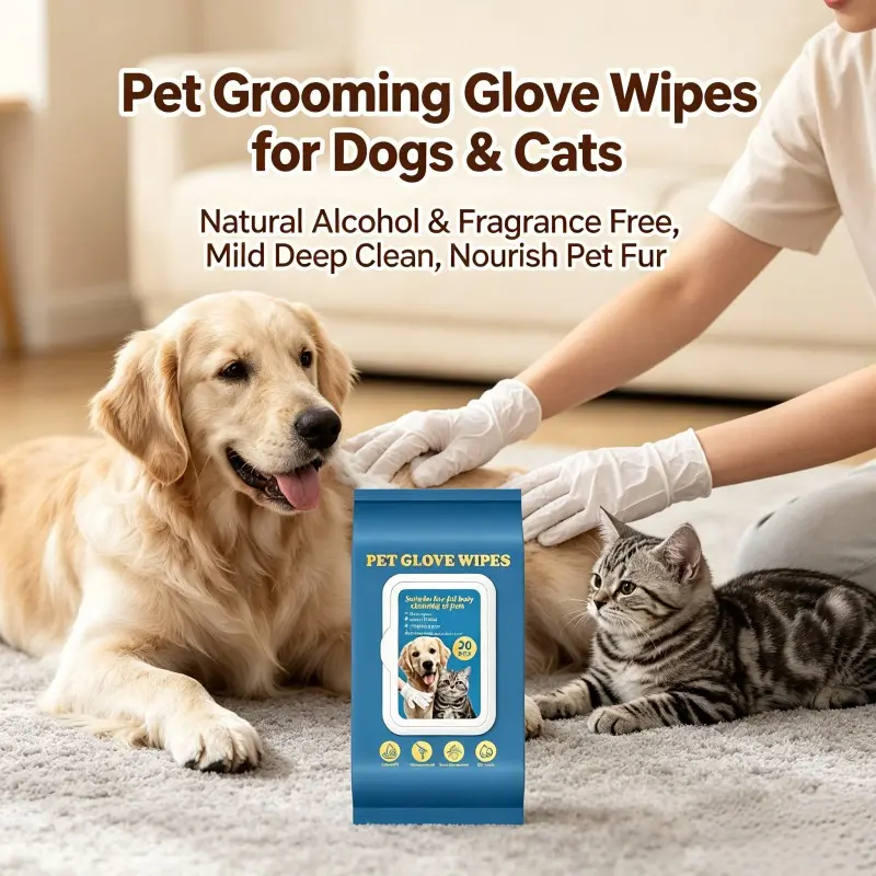 Waterless Pet Grooming Glove Wipes for Cats & Dogs, No Rinse Bath Gloves with Natural Formula, Alcohol Free, Scent Free, Gentle on Skin, Deep Cleansing, Coat Nourishment, Eliminate Dirt, Stains and Bacteria