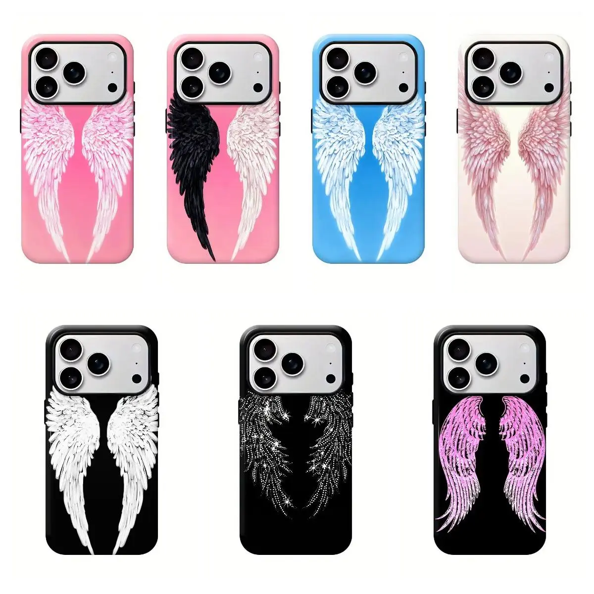 Gothic dark-style hard phone case featuring a white angel wing design; compatible with iPhone 11–17 Pro Max/Plus and Samsung Galaxy S23–S25 series.