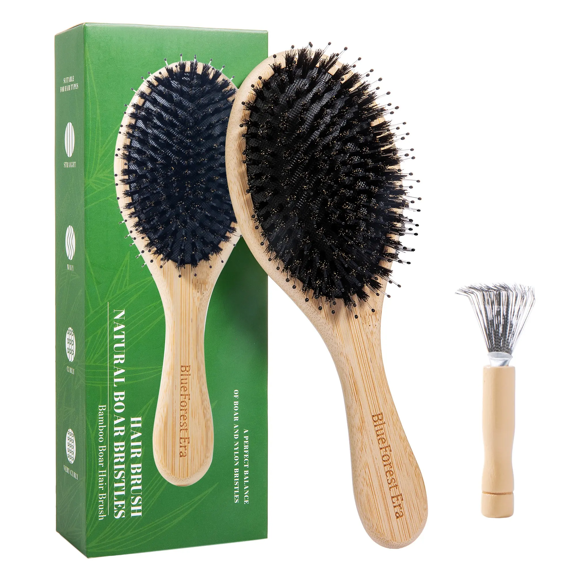 Boar Bristle Hair Brush, Natural Wood No Shampoo Hair Brushes, Bamboo Nylon & Boar Bristles Paddle Hair Brush for Thick Fine Hair