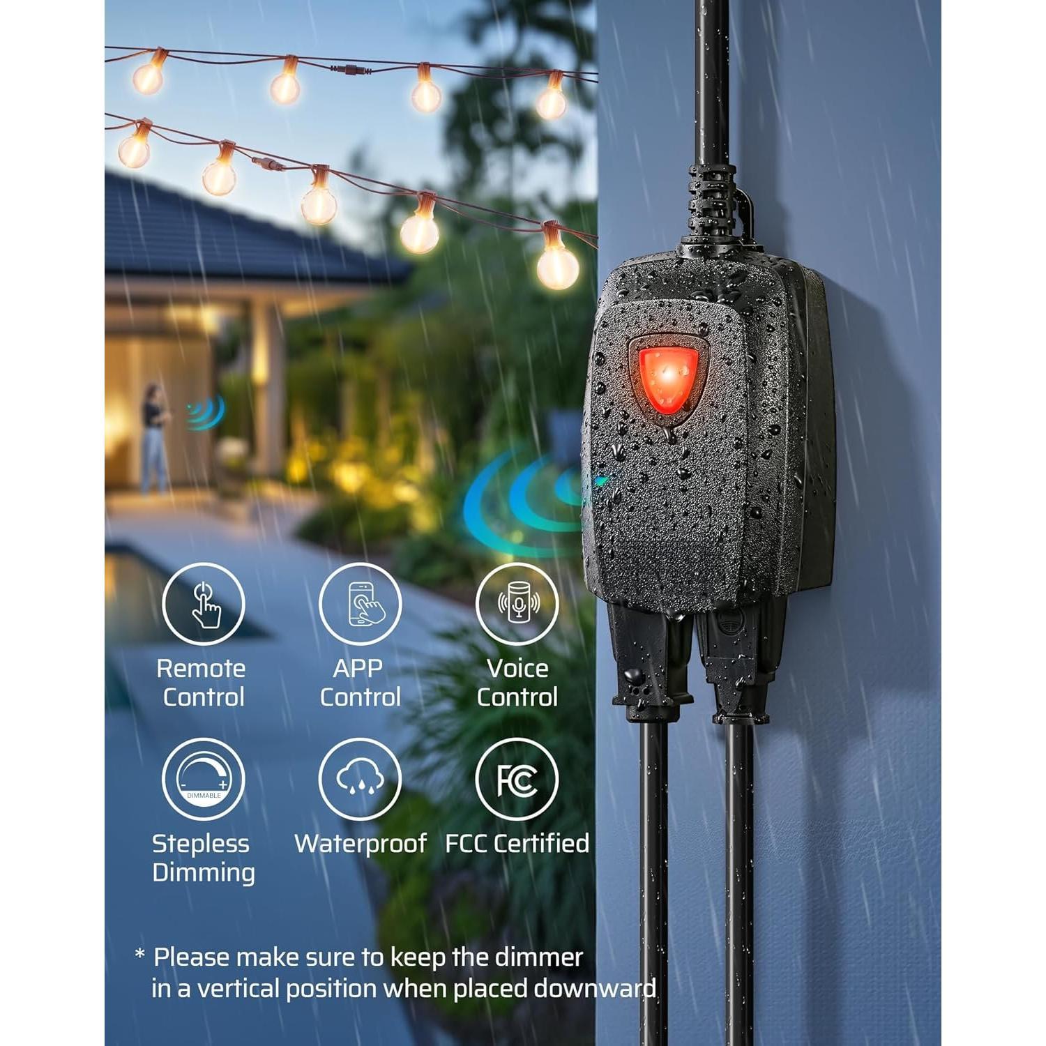 Outdoor Dimmer for String Lights,  Dimmer Plug with Remote, Compatible with Alexa &  , , 100FT Range, Remote Dimming for Dimmable LED/Tungsten Bulbs, FCC Certified