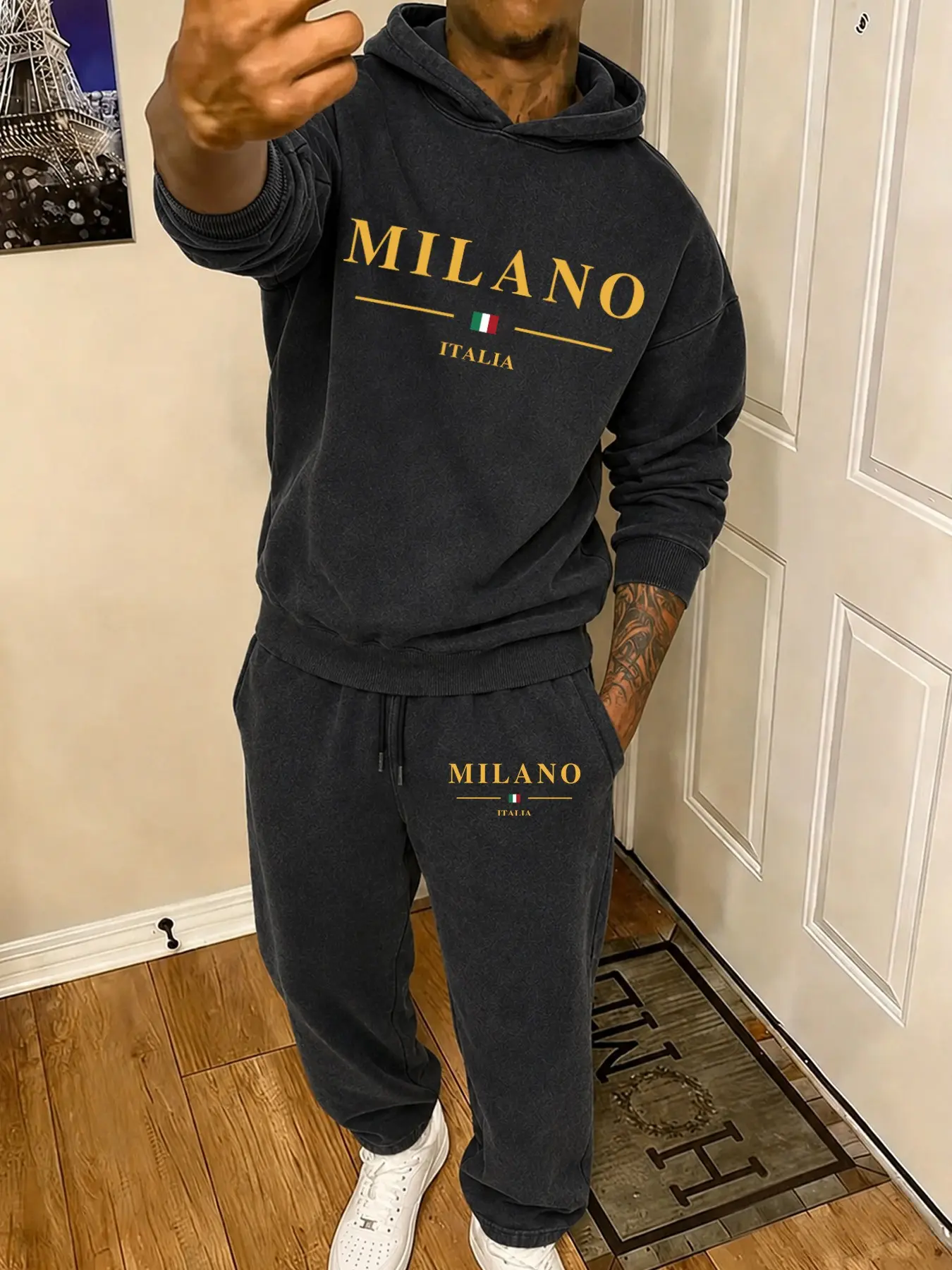 Washed Black Milano Graphic Hoodie and Sweatpants Set | Vintage Two-Piece Streetwear Tracksuit for Men & Women | Comfy Oversized Lounge Matching Set for Daily Outfits