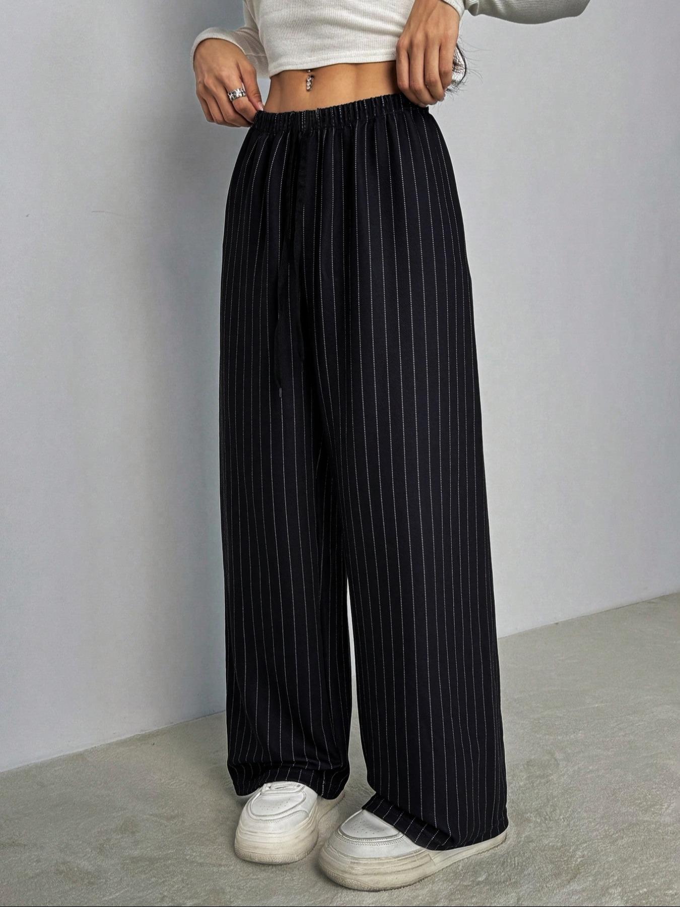 Women's Stripe Print Woven Wide Leg Pants, Casual Comfy Trousers for Daily Wear, Ladies Bottoms for All Seasons