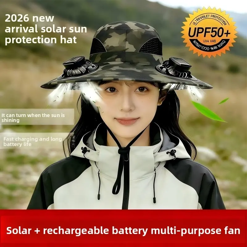 Solar digital display charging fan cap Summer outdoor mountaineering fan hat integrated big eaves sunshade waterproof cap