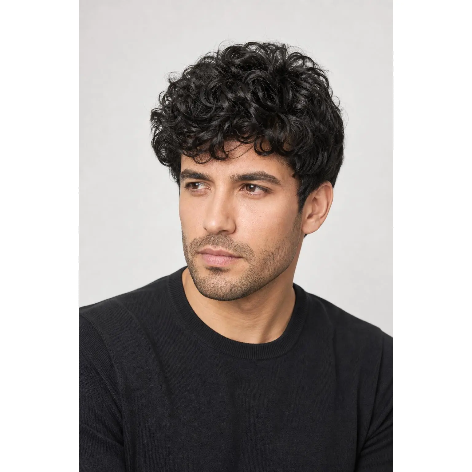 Male Synthetic Full Machine Wig - Natural Black, Short Curly Layered Synthetic Hair, Clean Cut Everyday Wear Daily Hairpiece