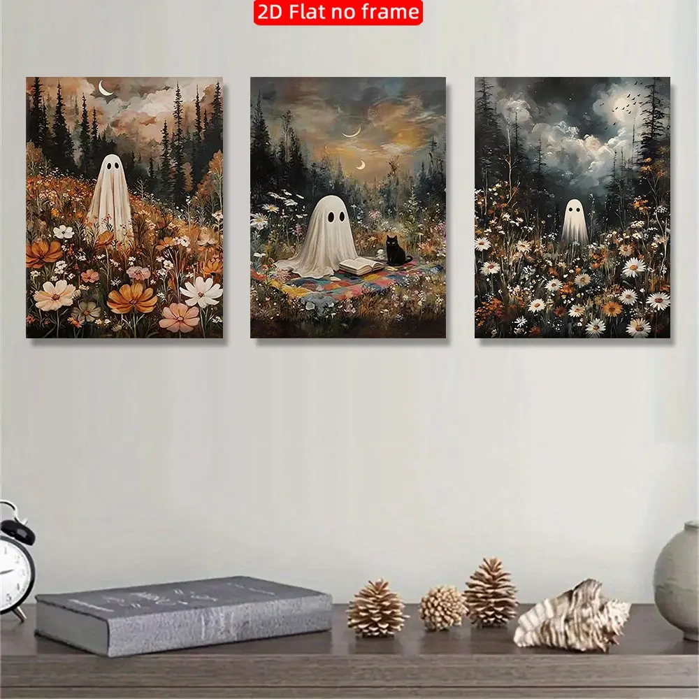 Gothic Ghost Cat Canvas Wall Art Set, Vintage Horror Garden Poster, Halloween Print, Bedroom Living Room Decor