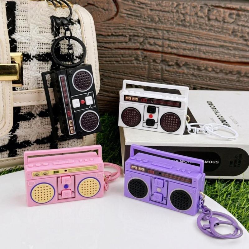 2 Pcs Nostalgic Mini Radio Recorder Keychain Set, Vintage-Inspired Funny Bag Ornaments with Retro Design, Stretchy Scrunchie Lanyard  Retractable Heart Clip for Daily Use  Gift Ideas Teacher Appreciation Makeup Pouch and Bracelets TikTokShopBlackFriday