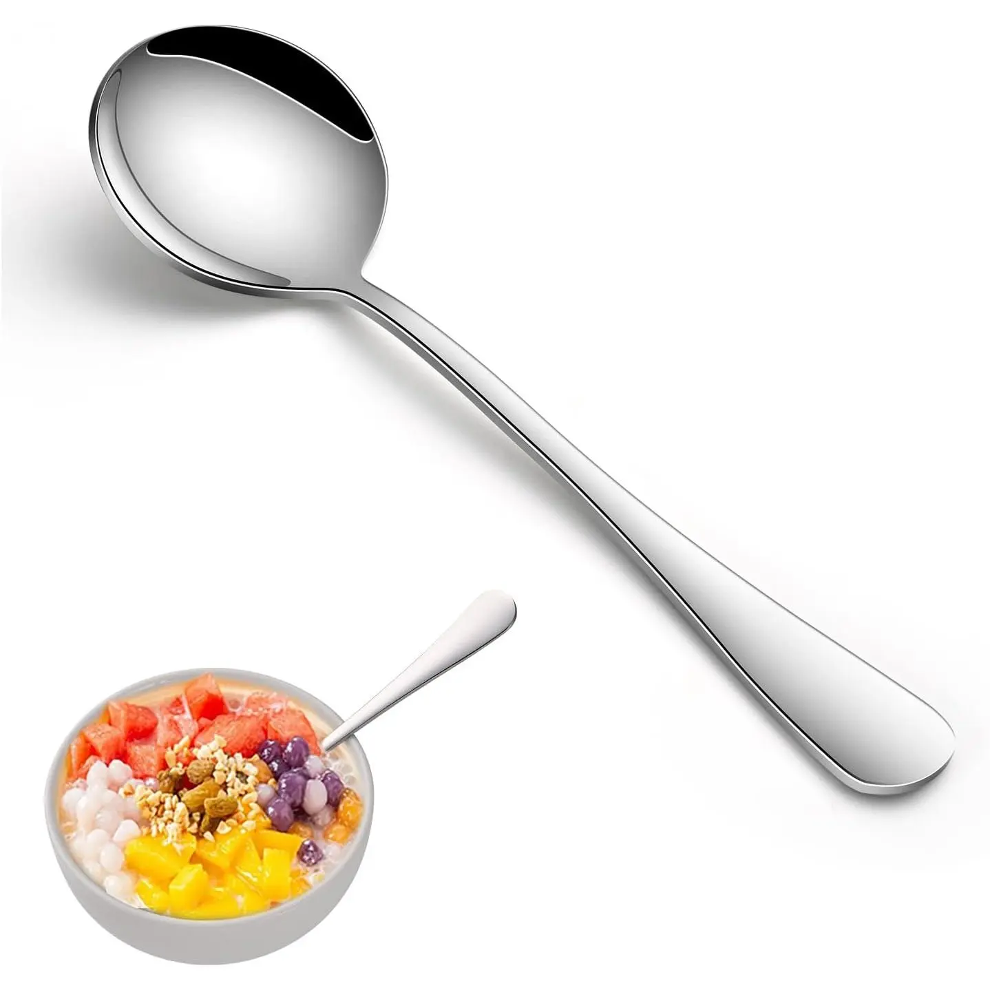 Round Soup Spoons Set of 8, 7.4 Inch Classic Metal Kitchen Silverware Spoons, Mirror Polished Stainless Steel Spoons for Cereal, Dessert