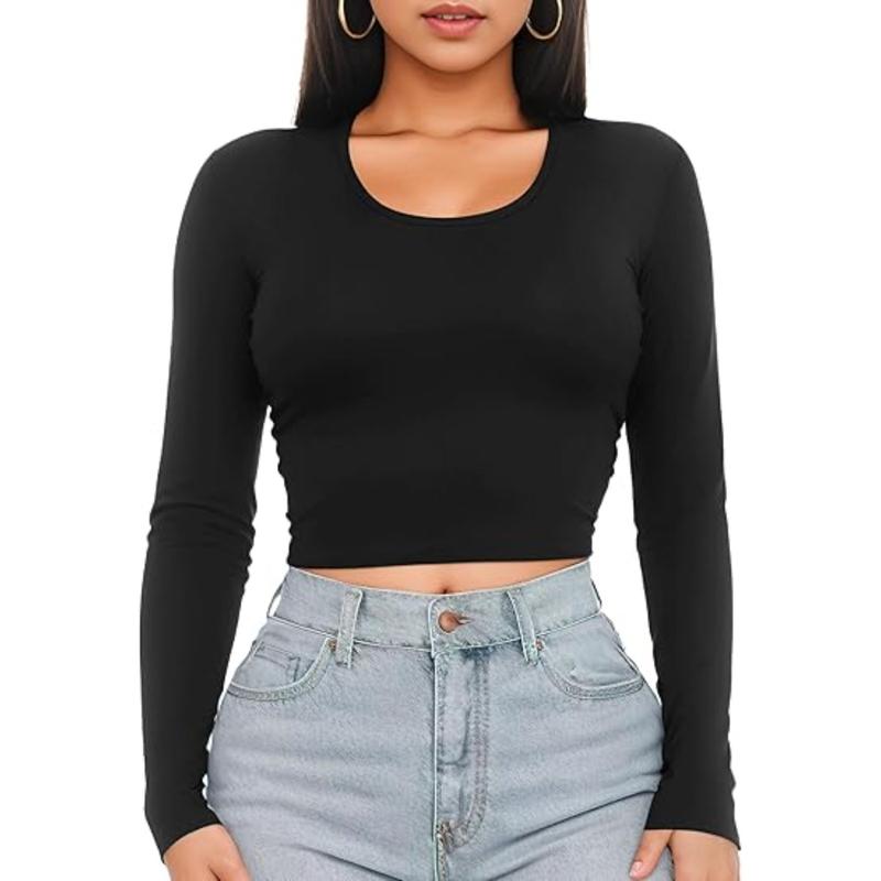 Womens Long Sleeve Crop Top Scoop Neck Sexy Slim Fitted Casual Base Layer Lightweight Soft Workout Shirt Going Out Tops
