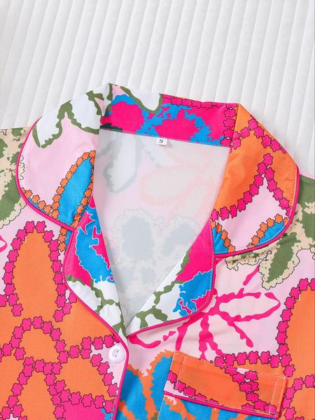 Women's Leopard Print Cherry Bow Sleepwear Set, Short Sleeve Shirt Collar Button Soft Top & Elastic Shorts, Casual Home Wear