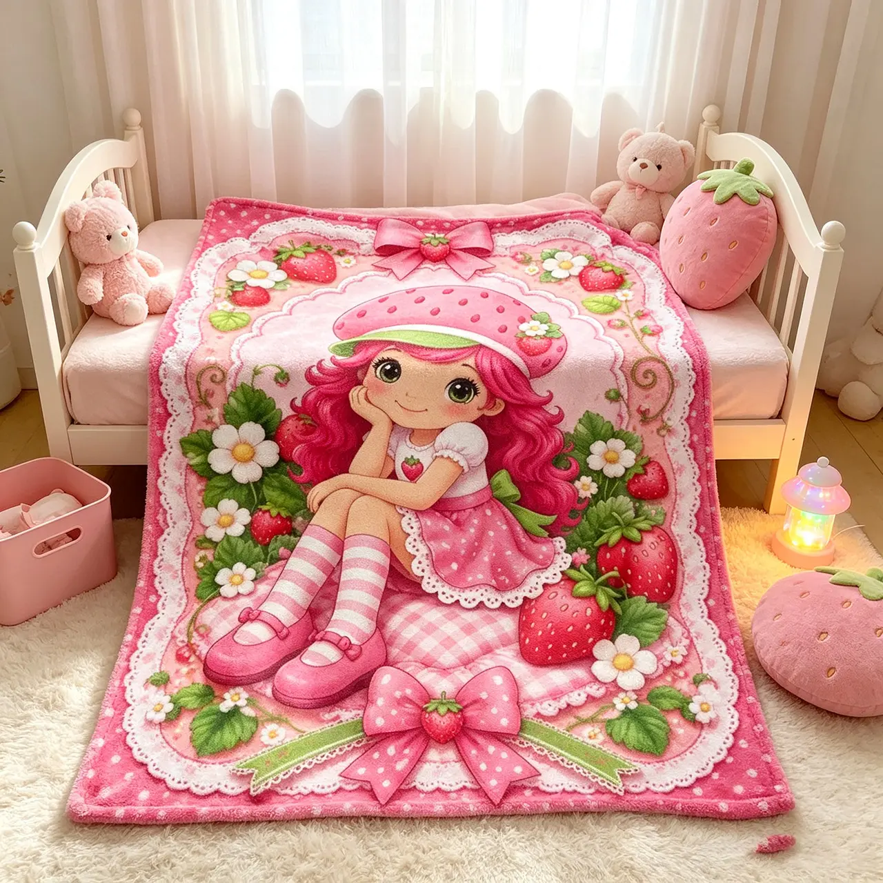 Strawberry Princess Flannel Throw Blanket Kawaii Strawberry Floral Bow Print Soft Cozy Lightweight Warm Plush Blanket For Sofa Bedroom Dorm Picnic Valentine Decor Holiday Gift