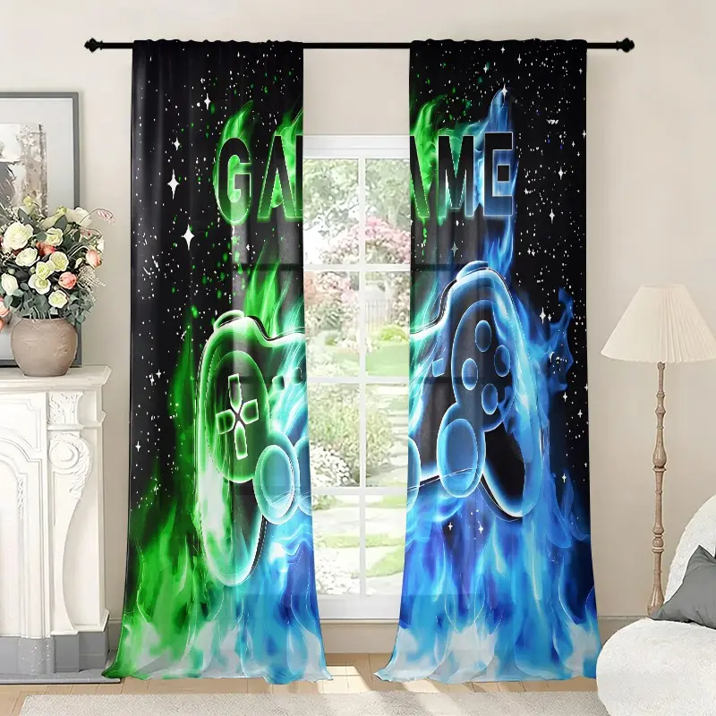 2pcs Blue Flame Game Controller Print Curtains, Polyester Sheer Drapes, Rod Pocket, Fade Resistant, Washable, Gaming Room Decor