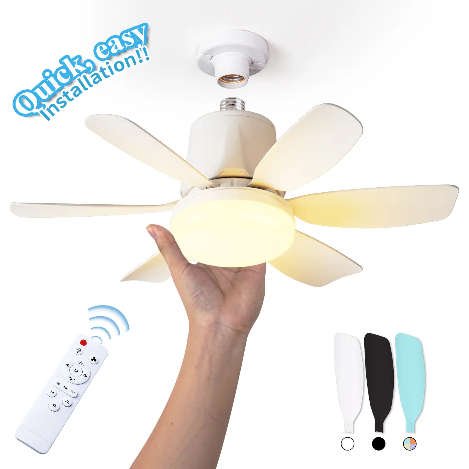 E26 Socket Fan with LED Light and Remote, Small Dimmable Ceiling Fan, Adjustable Speeds and Brightness, Light Socket Fan for Bedroom, Kitchen, Living Room