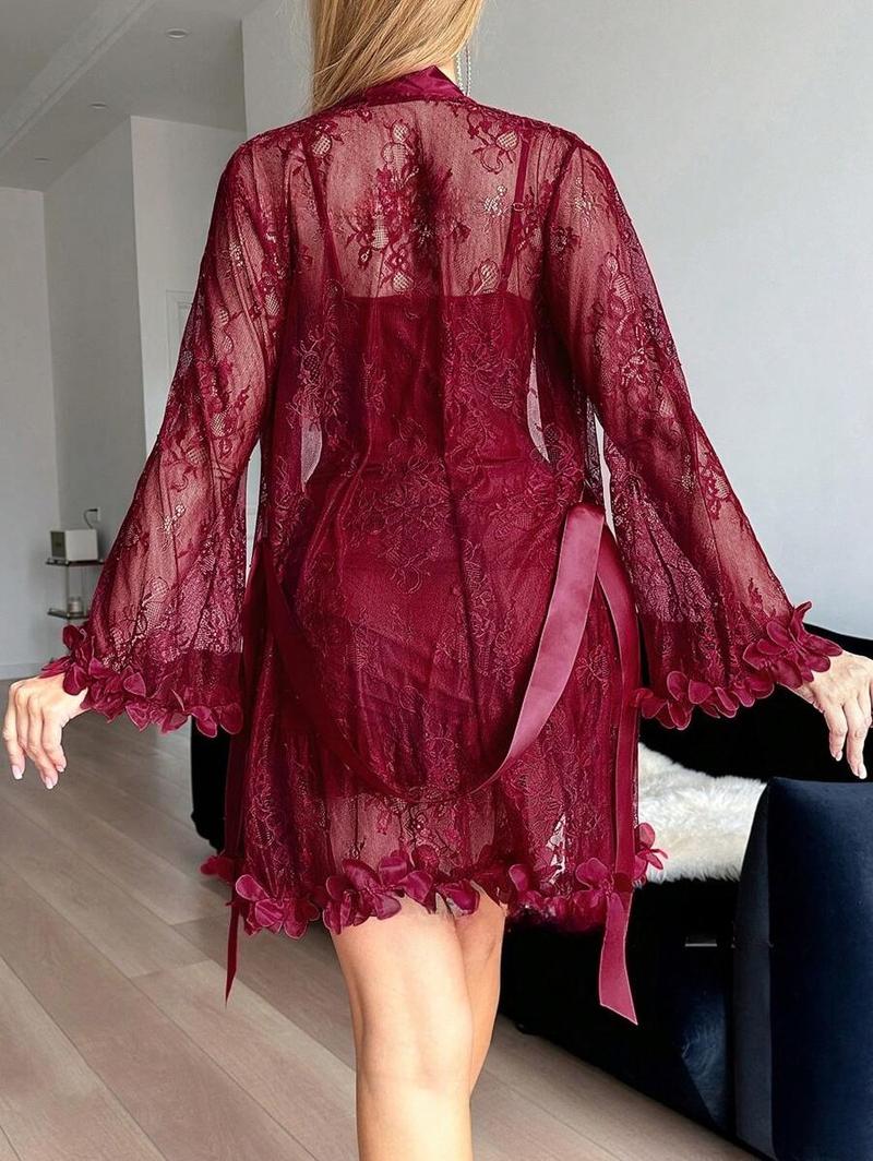 3 Piece Women’s Lace Satin Pajama Set – Elegant Nightdress with Matching Robe & Thong, Soft Lightweight Sleepwear Set for Home, Loungewear, Date Night & Valentine’s Day Gift