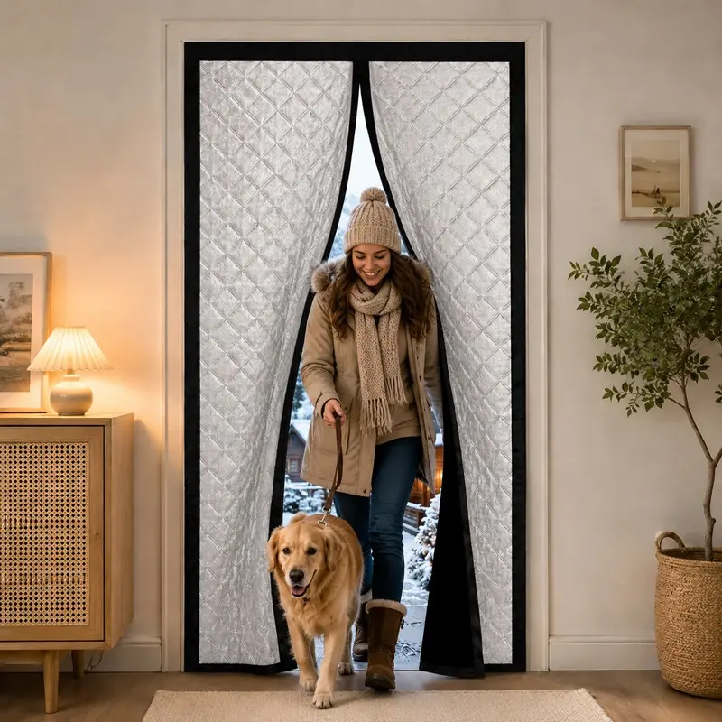 Thickened Winter Thermal Magnetic Door Curtain, Windproof and Cold-Blocking Insulated Door Cover with Automatic Closure, Self-Adhesive No-Drill Installation, Suitable for Bedrooms, Living Rooms, Kitchens, and Balconies