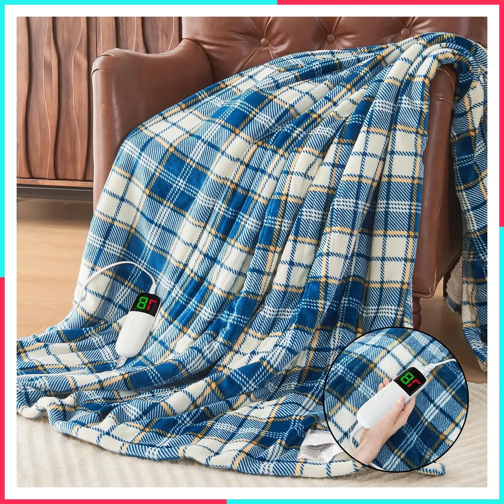 Electric Heated Throw Blanket 50x60, 10 Heating Levels, 8 Hours Auto Off, Blue Plaid Sherpa, Washable Winter Warmer, Home Decor for Couch Bed Office, Gifts for Mom and Women