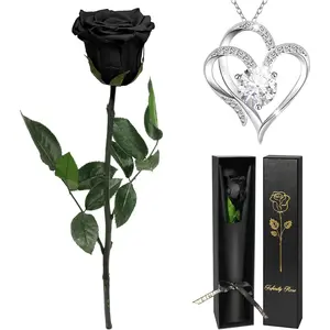 Birthday Rose Gifts for Women, Eternal Real Rose with Heart Necklace Gifts for Mom Grandma,Preserved  Rose with Stem for Christmas, Day, Valentine's Day, for her