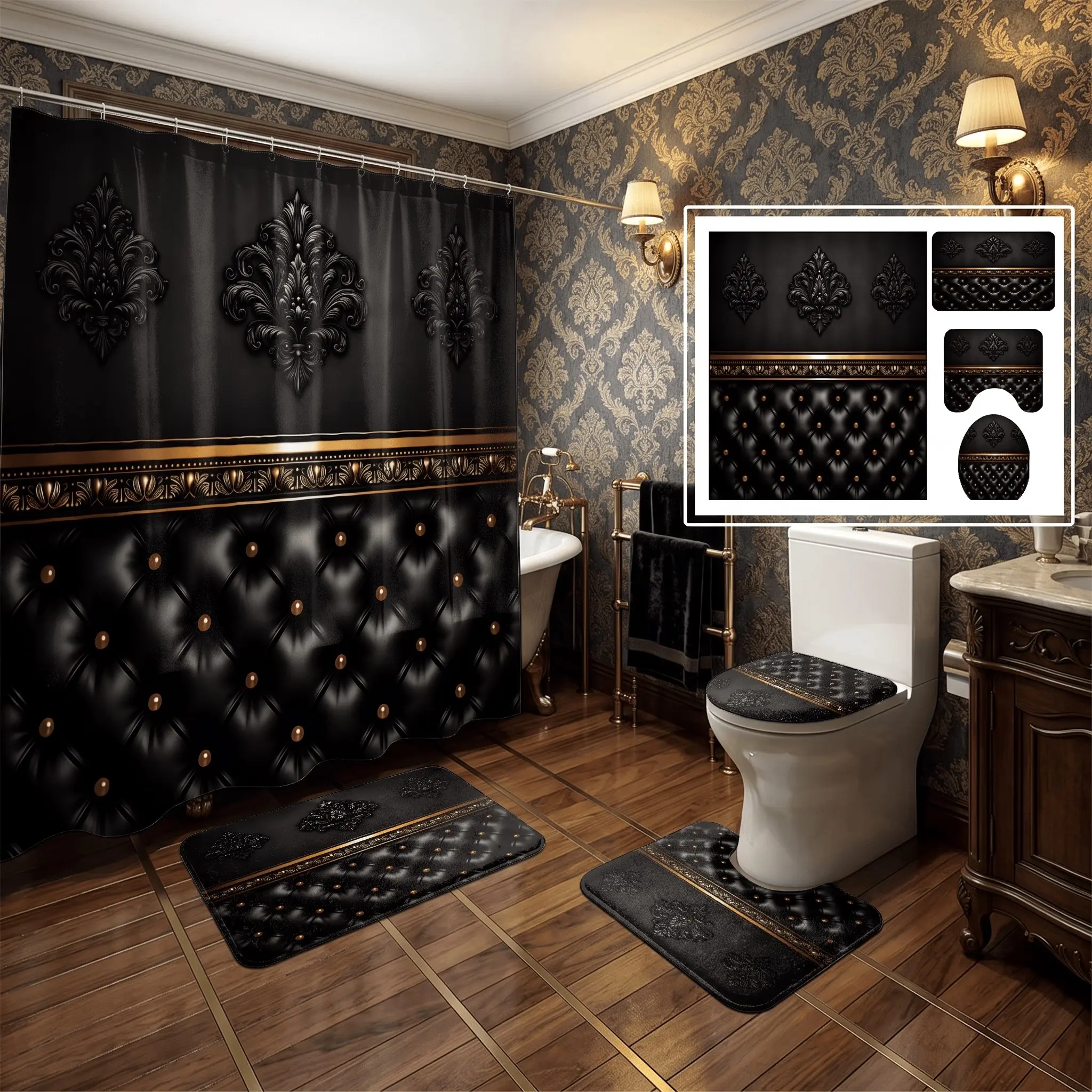 4pcs Luxurious Leather Tufted Shower Curtain Set,   Damask Motif, Modern Bathroom Decor,The floor mat fabric is thicker and softer!  Elegant Gift