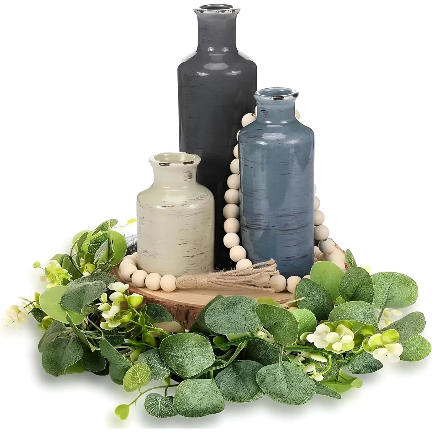 6 count Rustic Table Centerpieces, Set of 3 Boho Ceramic Vases, Wooden Serving Tray, Modern   Beads Garland Tassel, Artificial Greenery for  Coffee Tabletop Decor(Morandi)