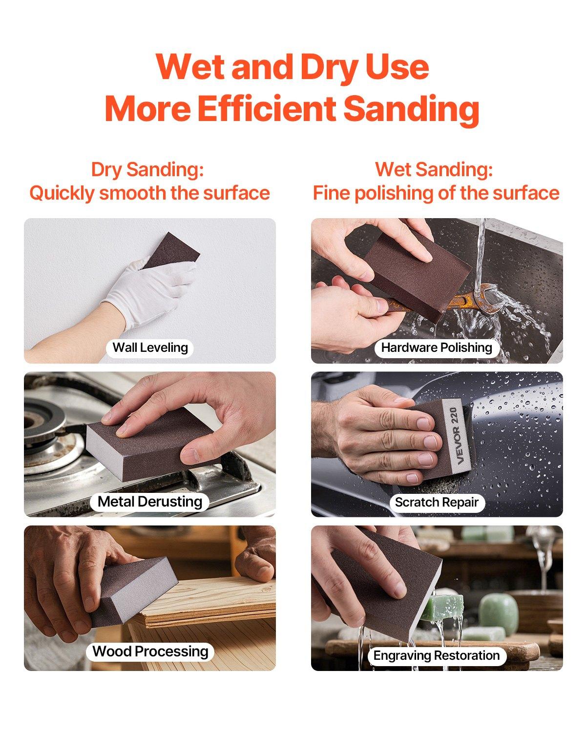 VEVOR Sanding Sponge, 4 Pcs, 60/80/120/220 Grit Assortment, Washable and Reusable Sanding Blocks for Dry & Wet Use, Coarse to Fine Sandpaper Blocks, for Polishing Drywall Wood Plastic Metal Furniture