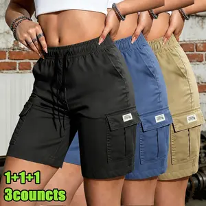 3 Count Summer Womens Utility Cargo Work Shorts | Airy Lightweight Breathable Material, Custom Drawstring Elastic Waist for Comfort Fit, Spacious Side Cargo Pockets for Storage, Three Classic Solid Tone Knee-Length Cut, Great for Daily Errands, Outdoor Ac