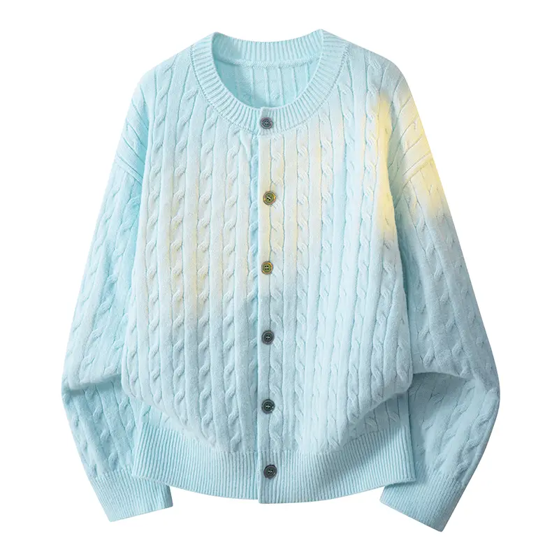 Men Solid Cable Knit Crew Neck Button Up Cardigan Sweater, Soft Comfortable Knitted Outer Jacket, Trendy Versatile Knit Layering Top For Spring Autumn Daily Casual Street Outfits