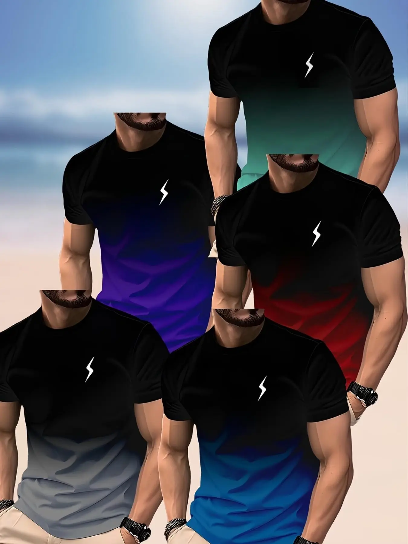 5-Pack Men's Lightning Logo Gradient T-Shirts, Short Sleeve Loose-Fit Casual Wear, High Elasticity Comfortable Fabric, Summer