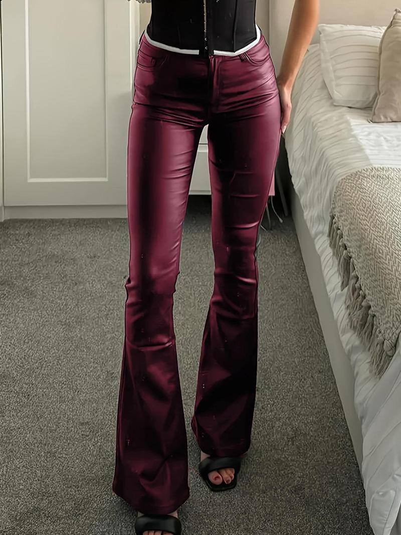 NVFelix Women's High-Waisted Faux Leather Flare Pants with Pockets, Stretchy PU Bell Bottoms for Night Out