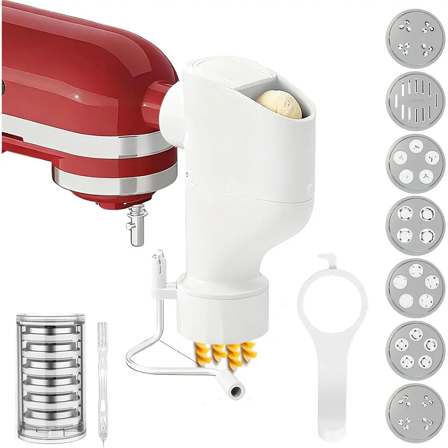 Gourmet Pasta Press Attachment for KitchenAid Stand Mixers, Pasta Maker Attachments with 7 Interchangeable Pasta Plates, Kitchen aid Pasta Attachment for Spaghetti Bucatini Fusilli Macaroni