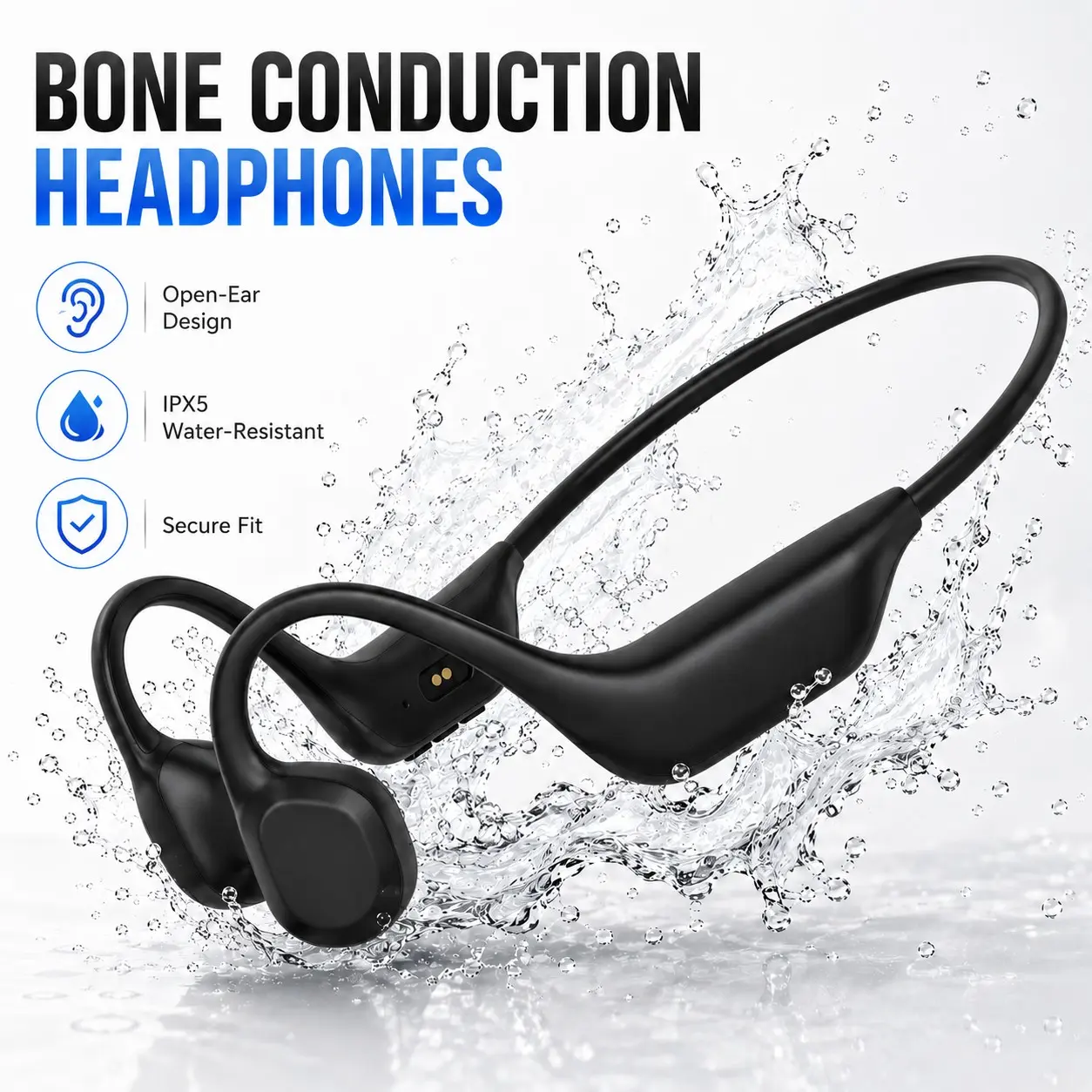 Bone Conduction Sports Headphones, Open-Ear Bluetooth Wireless Headset with Stable Connection, IPX5 Water-Resistant for Workout, Running & Outdoor Sports Audio, Gym Headphones