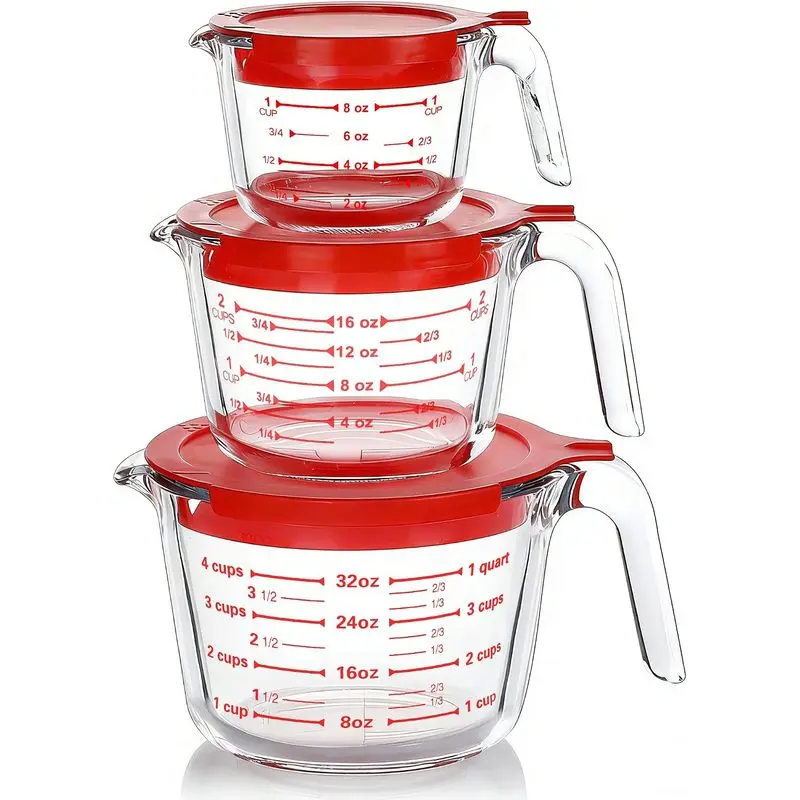 6-Piece Borosilicate Glass Measuring Cups with Lids, Kitchen Utensils Set with 1-, 2-, 4-Capacity Nesting Design, Curved Spout, oz/ml Markings, Microwave & Freezer Safe